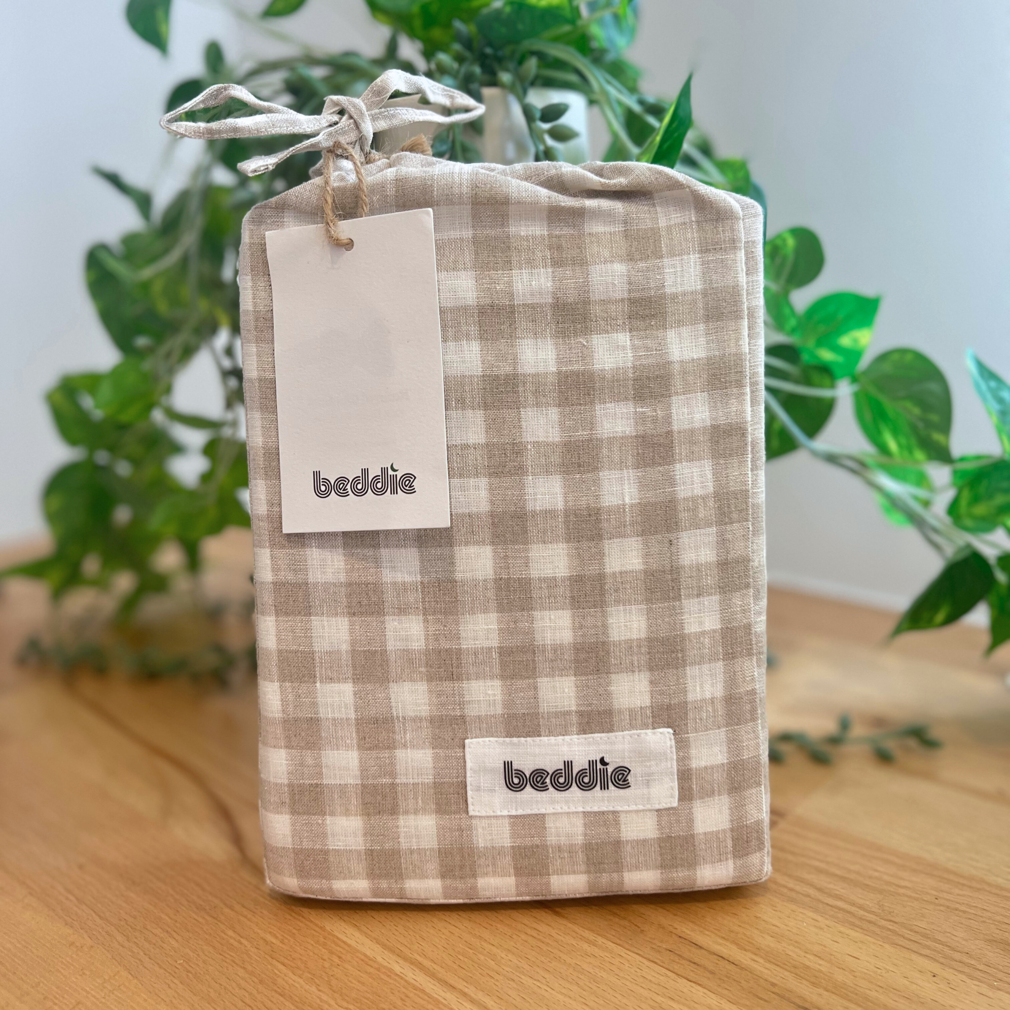 Natural Gingham Linen Queen Fitted Sheet