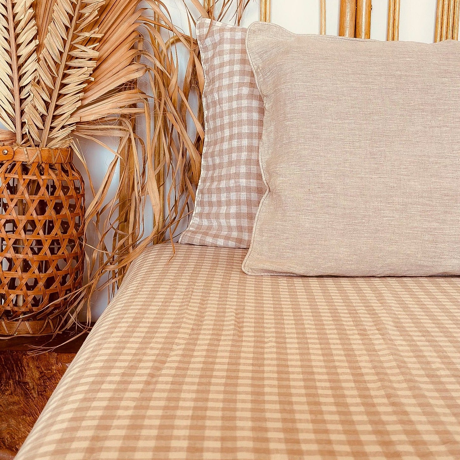 Natural Gingham Linen Queen Fitted Sheet