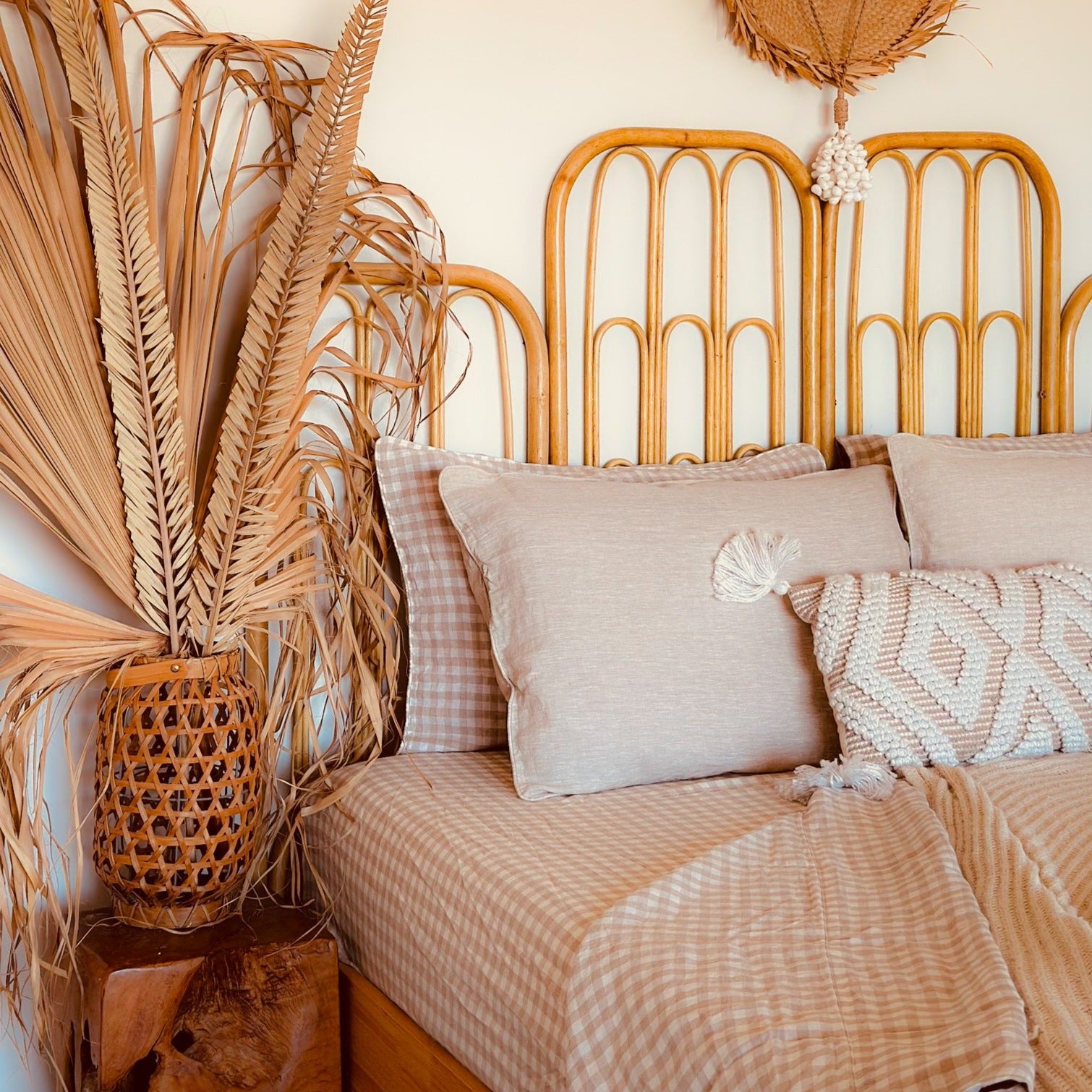 Natural Gingham Linen Queen Fitted Sheet