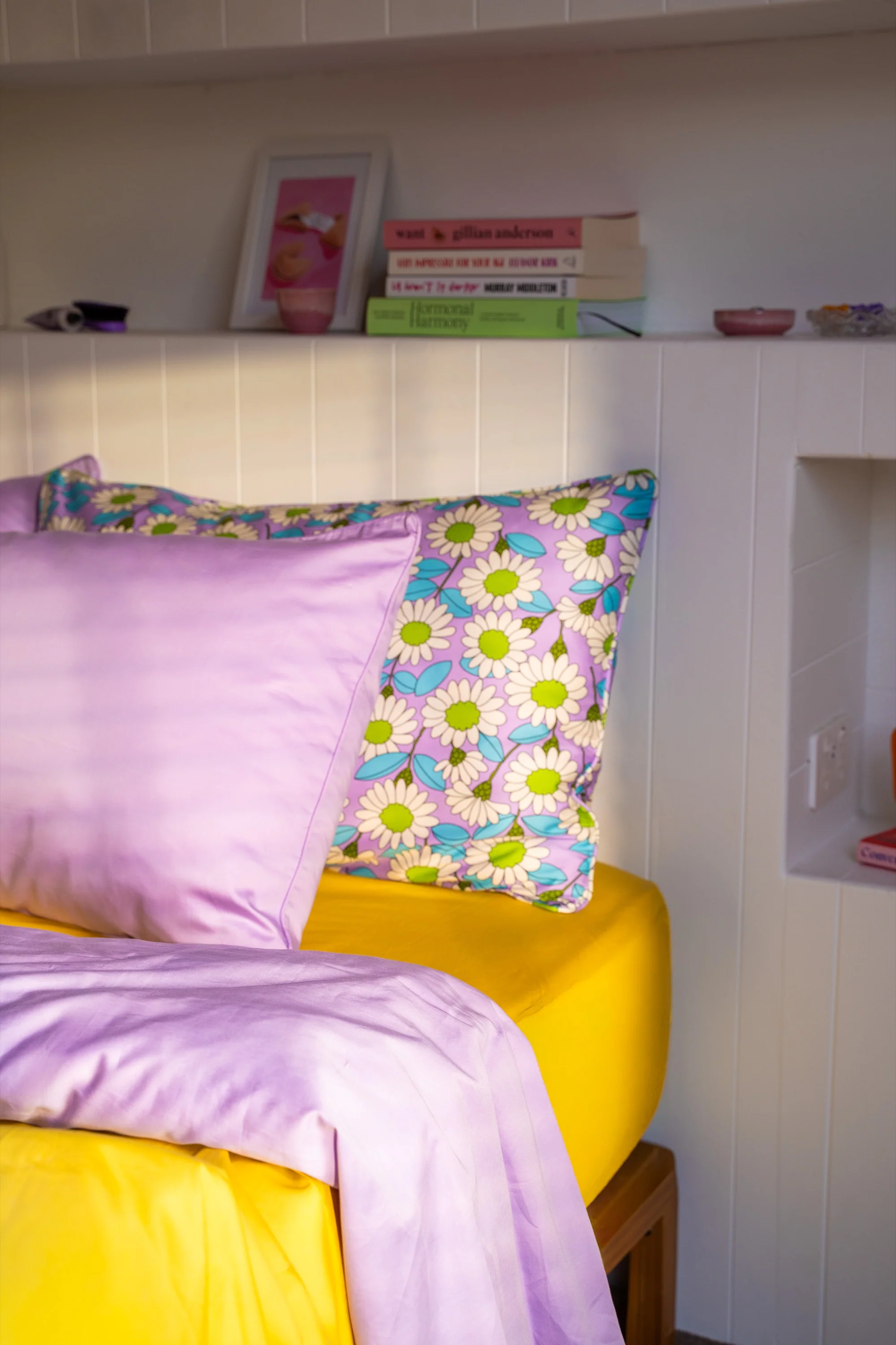 Lilac cotton quilt cover styled in warm afternoon light