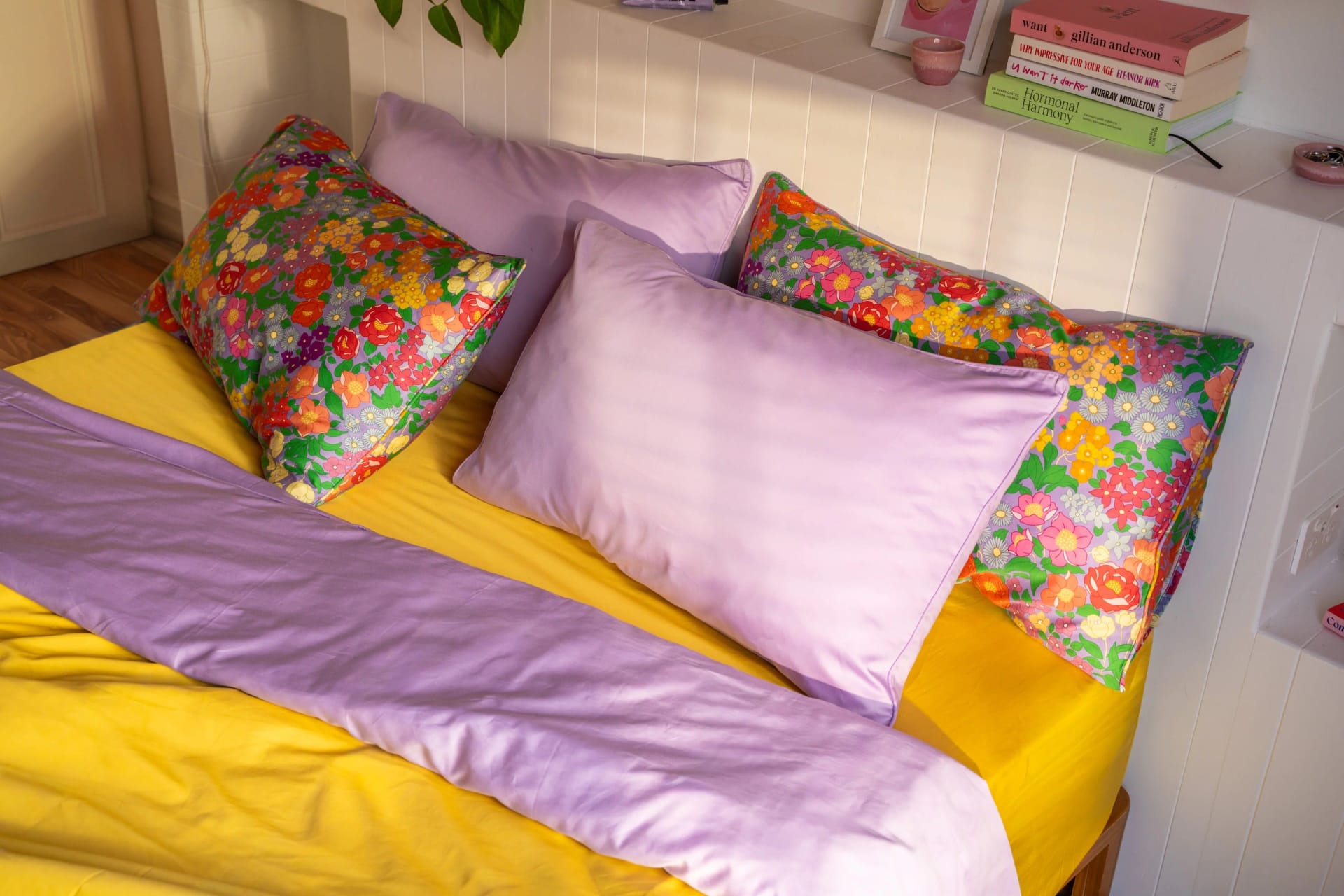 Lilac cotton pillowcases styled in the latest Beddie photoshoot