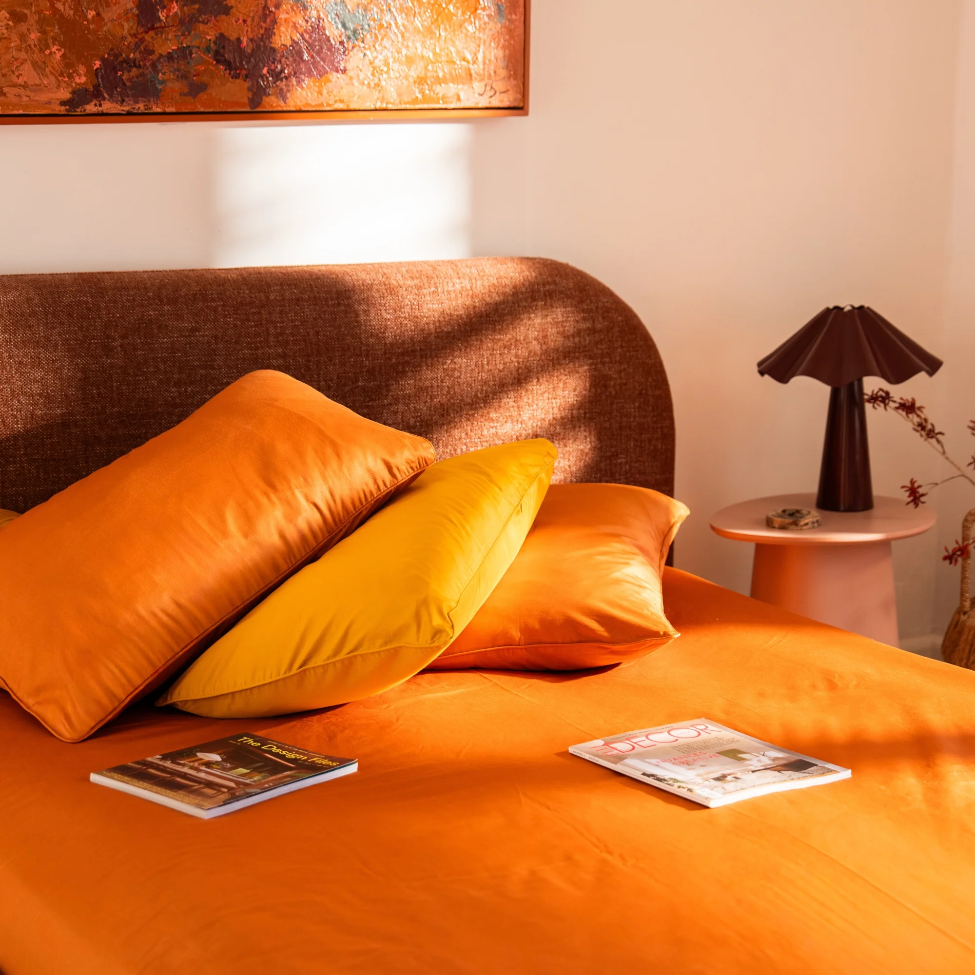 Butterscotch Pure Cotton Quilt Cover styled on a complete bed