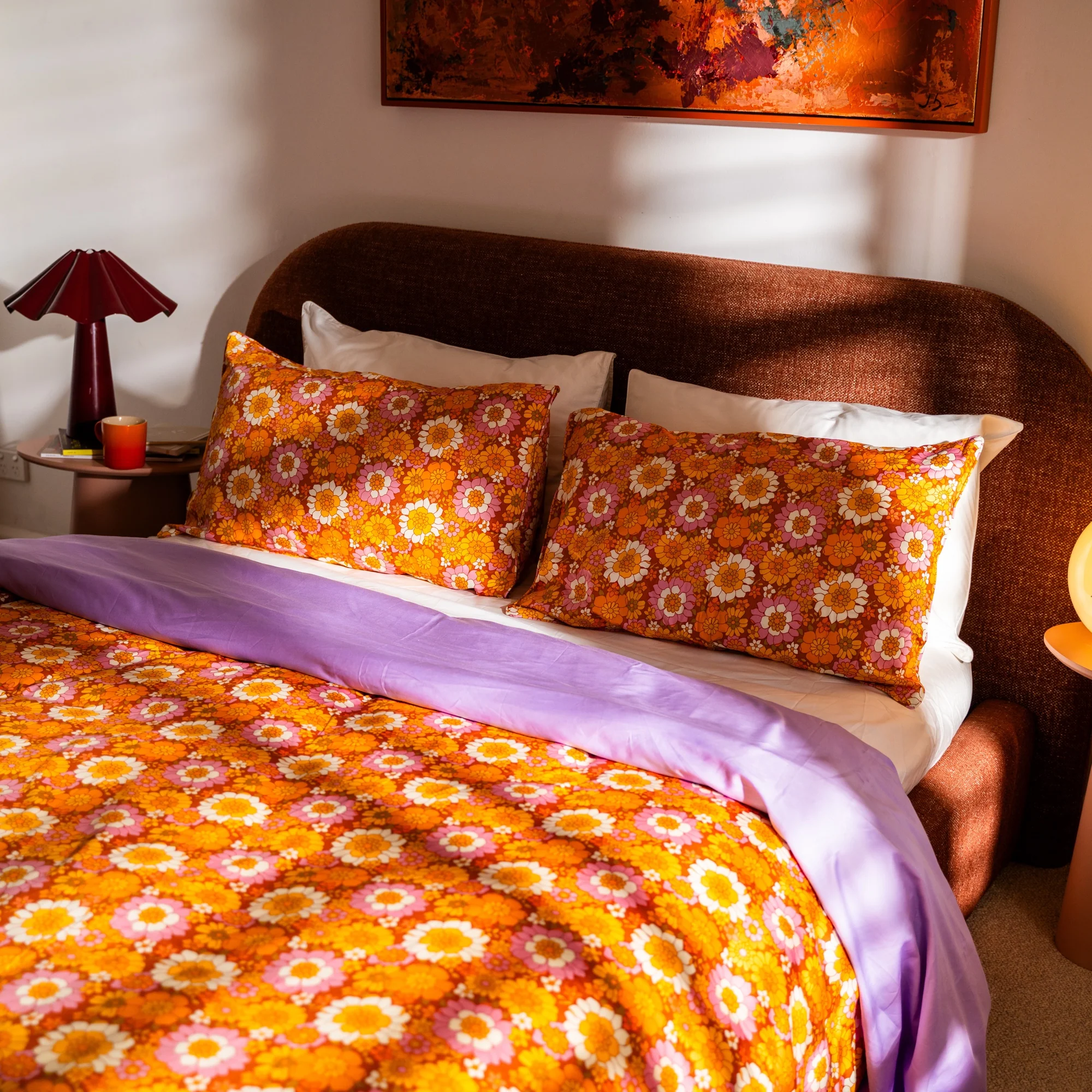 Flower Child Quilt Cover styled with lilac cotton